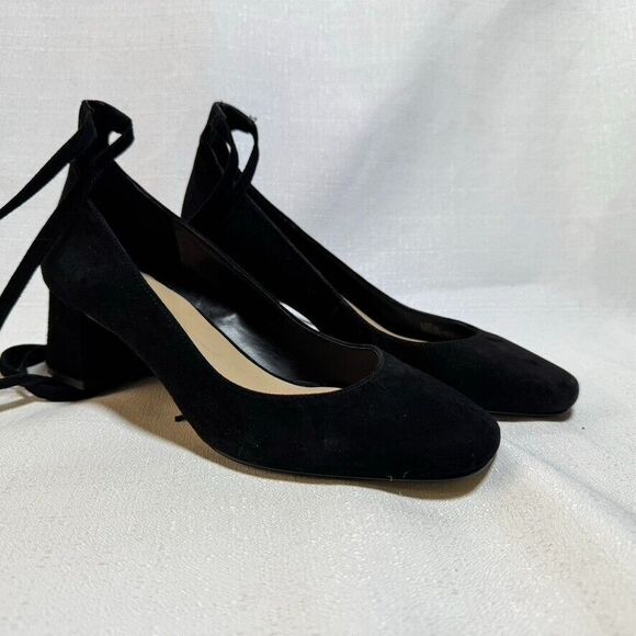 Saks‎ Fifth Ave. Black Suede Bambi Ankle Wrapped Block Heel Classic Heels Sz. 8 - Picture 5 of 7